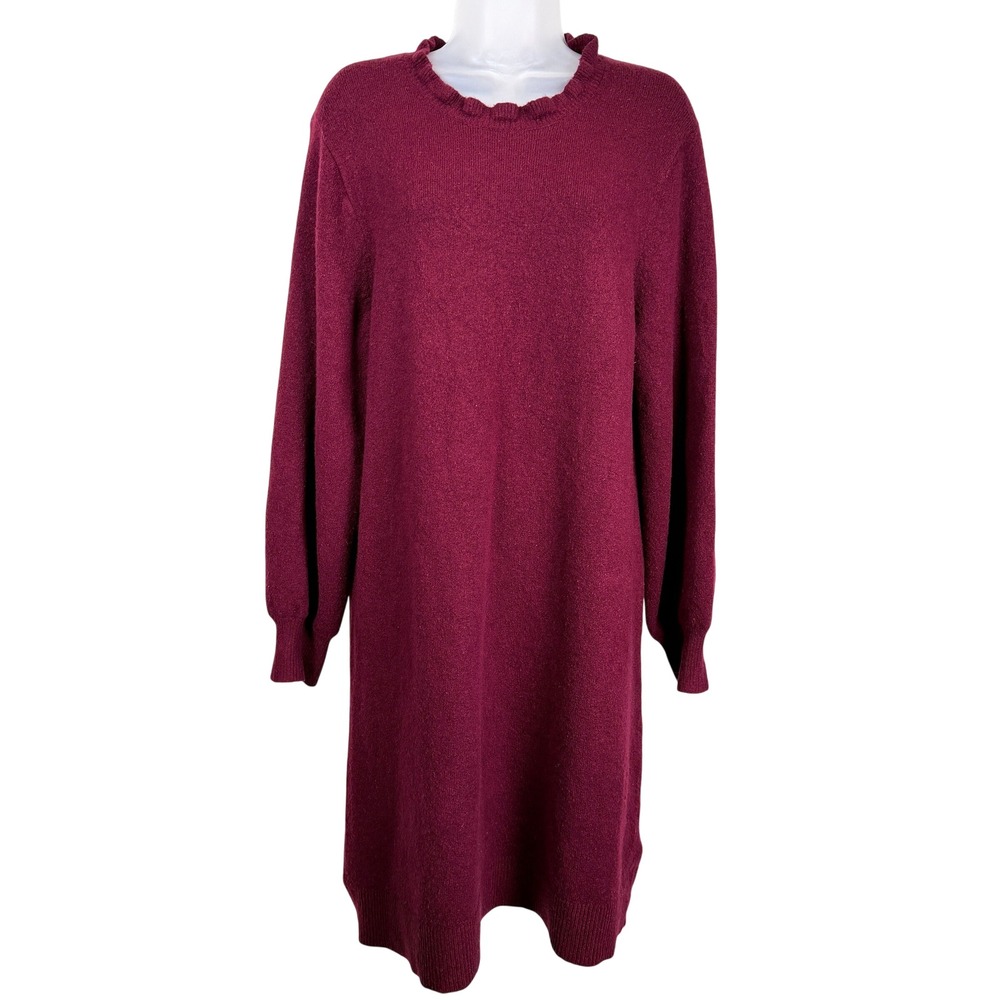 J Crew Factory Burgundy Ruffleneck Sweater Dress XL Extra Soft Wool Blend Work